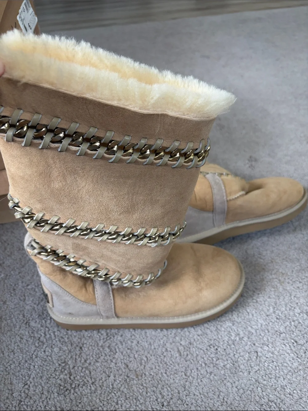 Australia Luxe Collective Tan Suede Shearling Boots with Chain Trim